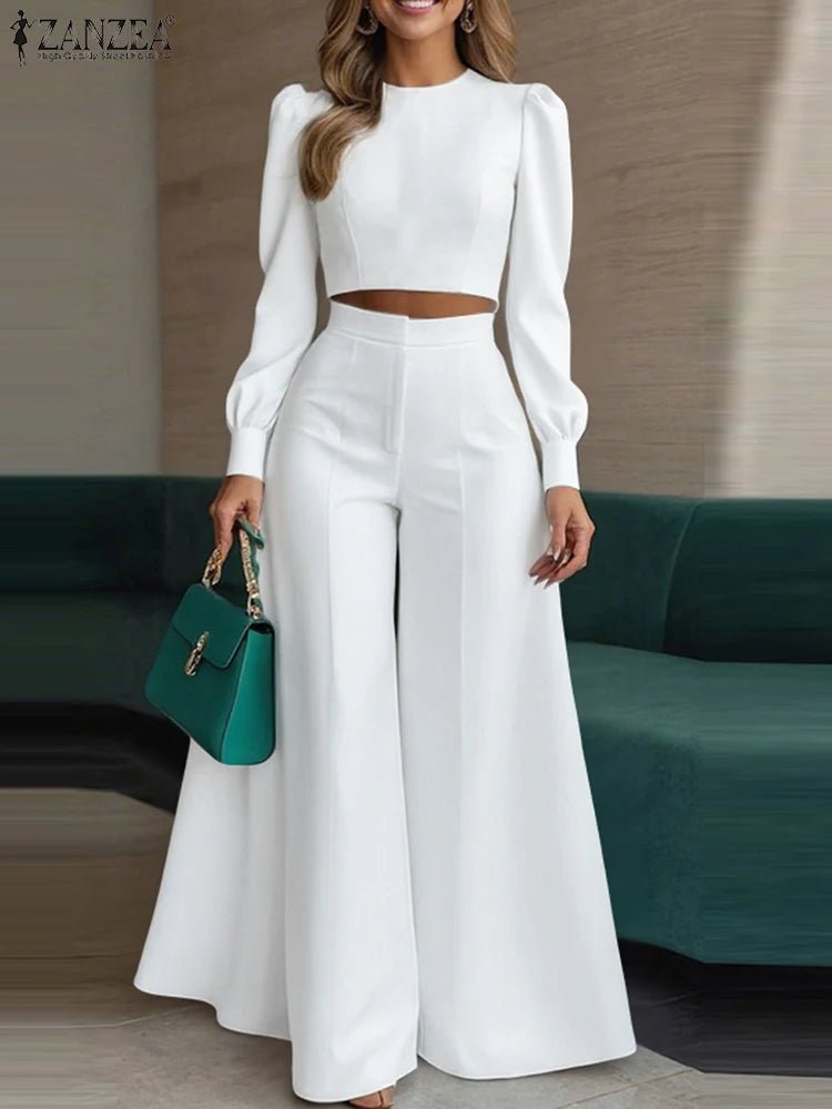 ZANZEA Women's Pant Sets 2 Piece Elegant Chic Short Crop Tops & Wide Leg Pants Two Piece Outfits Trouser Suits Woman Clothes 3XL - flohmarkt-deutschland.shop