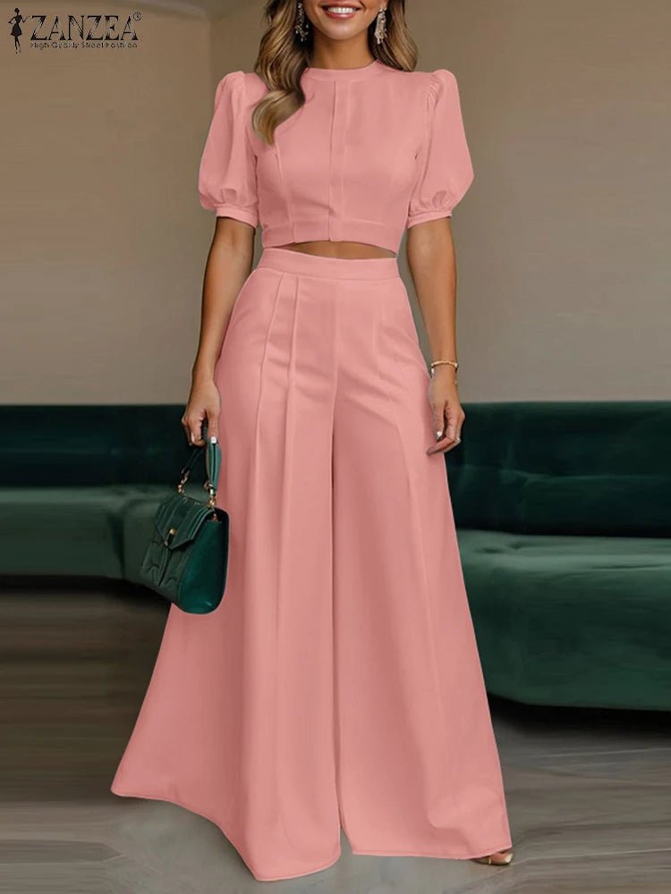 ZANZEA Women's Pant Sets 2 Piece Elegant Chic Short Crop Tops & Wide Leg Pants Two Piece Outfits Trouser Suits Woman Clothes 3XL - flohmarkt-deutschland.shop
