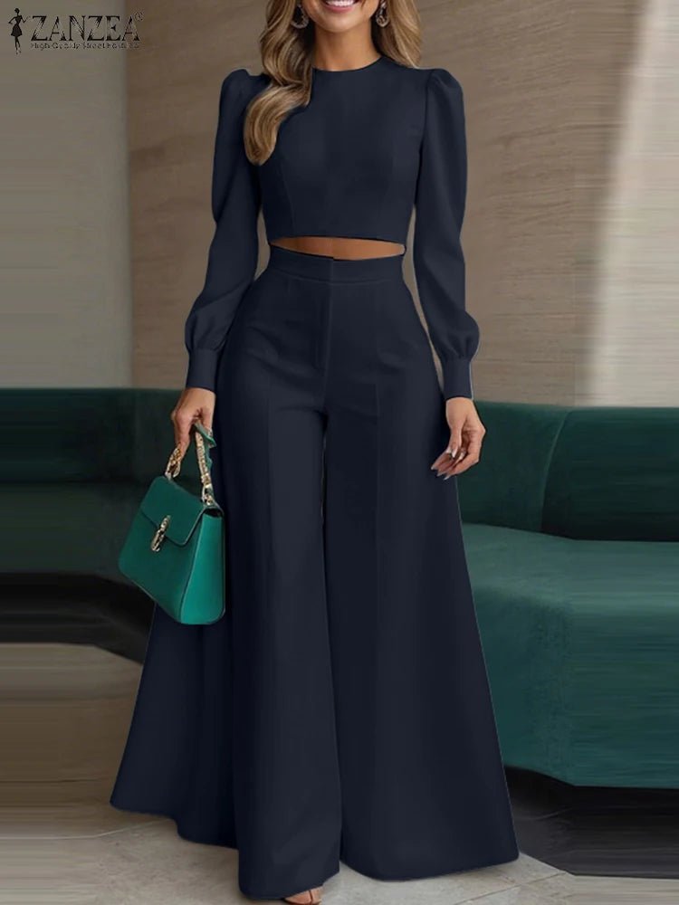 ZANZEA Women's Pant Sets 2 Piece Elegant Chic Short Crop Tops & Wide Leg Pants Two Piece Outfits Trouser Suits Woman Clothes 3XL - flohmarkt-deutschland.shop