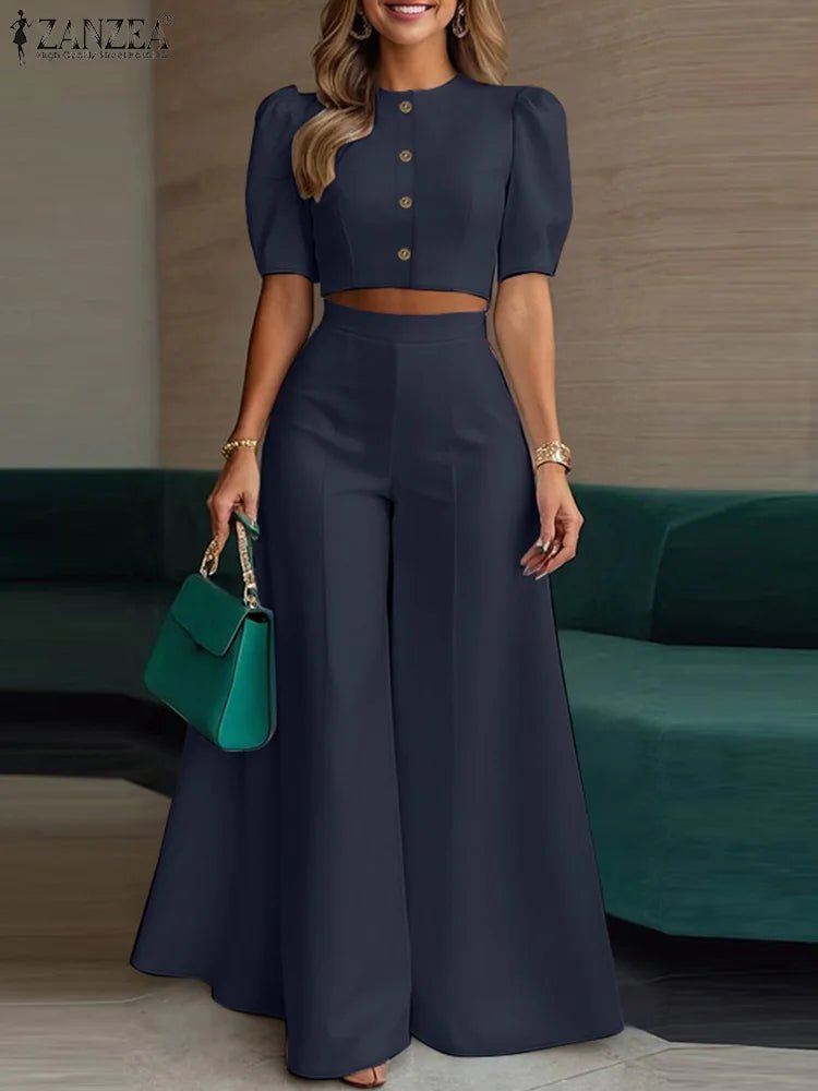ZANZEA Women's Pant Sets 2 Piece Elegant Chic Short Crop Tops & Wide Leg Pants Two Piece Outfits Trouser Suits Woman Clothes 3XL - flohmarkt-deutschland.shop