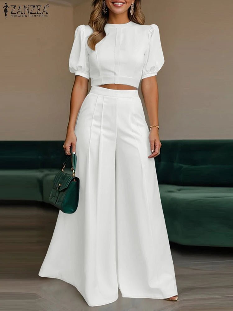 ZANZEA Women's Pant Sets 2 Piece Elegant Chic Short Crop Tops & Wide Leg Pants Two Piece Outfits Trouser Suits Woman Clothes 3XL - flohmarkt-deutschland.shop