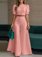 ZANZEA Women's Pant Sets 2 Piece Elegant Chic Short Crop Tops & Wide Leg Pants Two Piece Outfits Trouser Suits Woman Clothes 3XL - flohmarkt-deutschland.shop