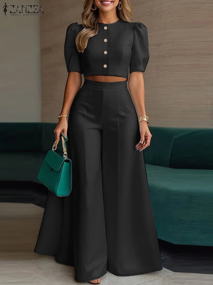 ZANZEA Women's Pant Sets 2 Piece Elegant Chic Short Crop Tops & Wide Leg Pants Two Piece Outfits Trouser Suits Woman Clothes 3XL - flohmarkt-deutschland.shop