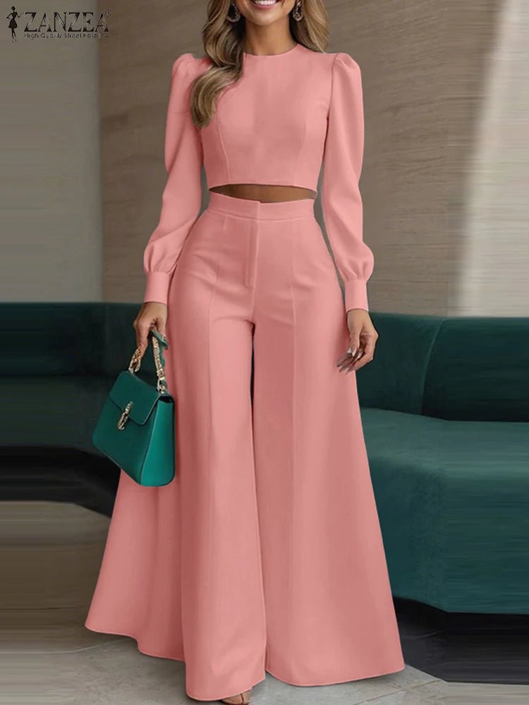 ZANZEA Women's Pant Sets 2 Piece Elegant Chic Short Crop Tops & Wide Leg Pants Two Piece Outfits Trouser Suits Woman Clothes 3XL - flohmarkt-deutschland.shop