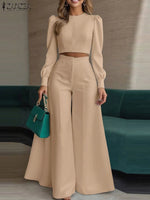 ZANZEA Women's Pant Sets 2 Piece Elegant Chic Short Crop Tops & Wide Leg Pants Two Piece Outfits Trouser Suits Woman Clothes 3XL - flohmarkt-deutschland.shop