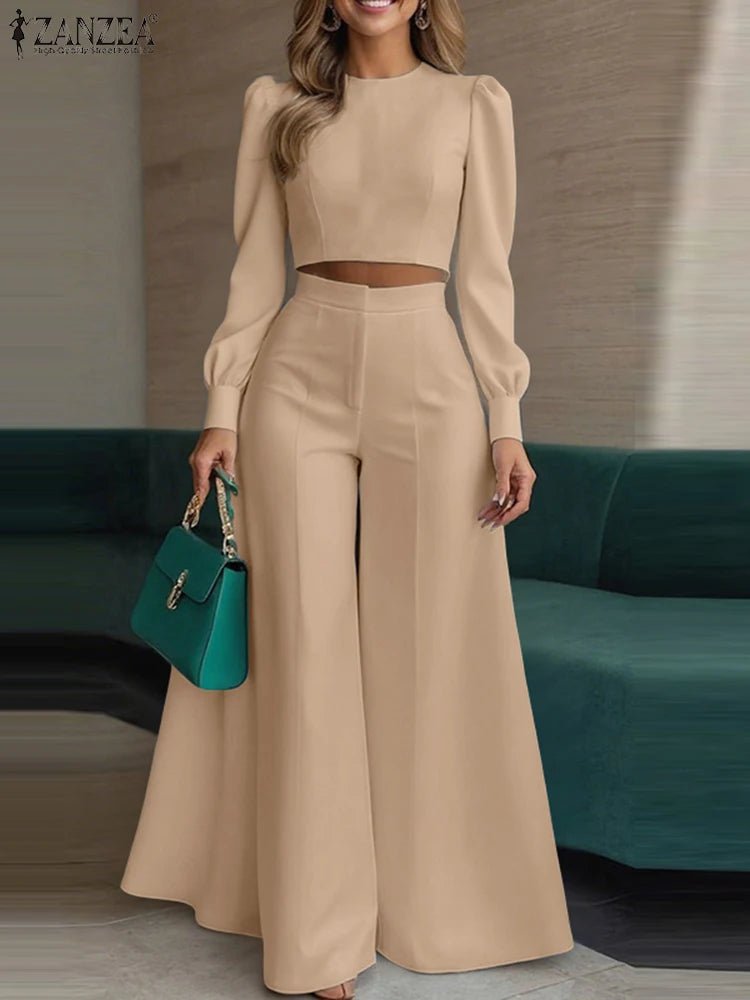 ZANZEA Women's Pant Sets 2 Piece Elegant Chic Short Crop Tops & Wide Leg Pants Two Piece Outfits Trouser Suits Woman Clothes 3XL - flohmarkt-deutschland.shop