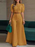 ZANZEA Women's Pant Sets 2 Piece Elegant Chic Short Crop Tops & Wide Leg Pants Two Piece Outfits Trouser Suits Woman Clothes 3XL - flohmarkt-deutschland.shop