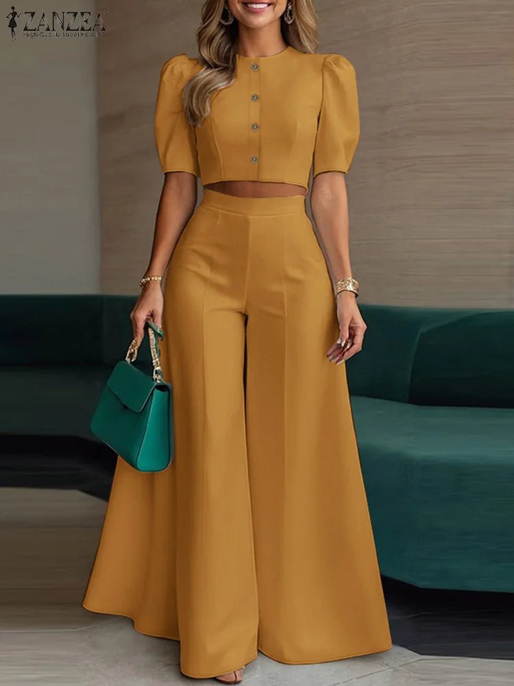 ZANZEA Women's Pant Sets 2 Piece Elegant Chic Short Crop Tops & Wide Leg Pants Two Piece Outfits Trouser Suits Woman Clothes 3XL - flohmarkt-deutschland.shop