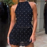 Zweiteiliges Rock-Set für Damen, Y2k-Spitze, durchsichtiges Netz, gerüschtes Neckholder-Top, gesmokter Minirock, Sommer-Strand-passende Outfits - flohmarkt-deutschland.shop