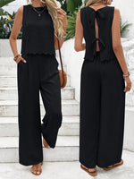 Zweiteiliges Set für Damen im Sommermuskel-Stil für den Alltag im alten Geldstil mit Leinenkrawatte, ärmelloses Oberteil und Hose mit Muschelbesatz - flohmarkt-deutschland.shop