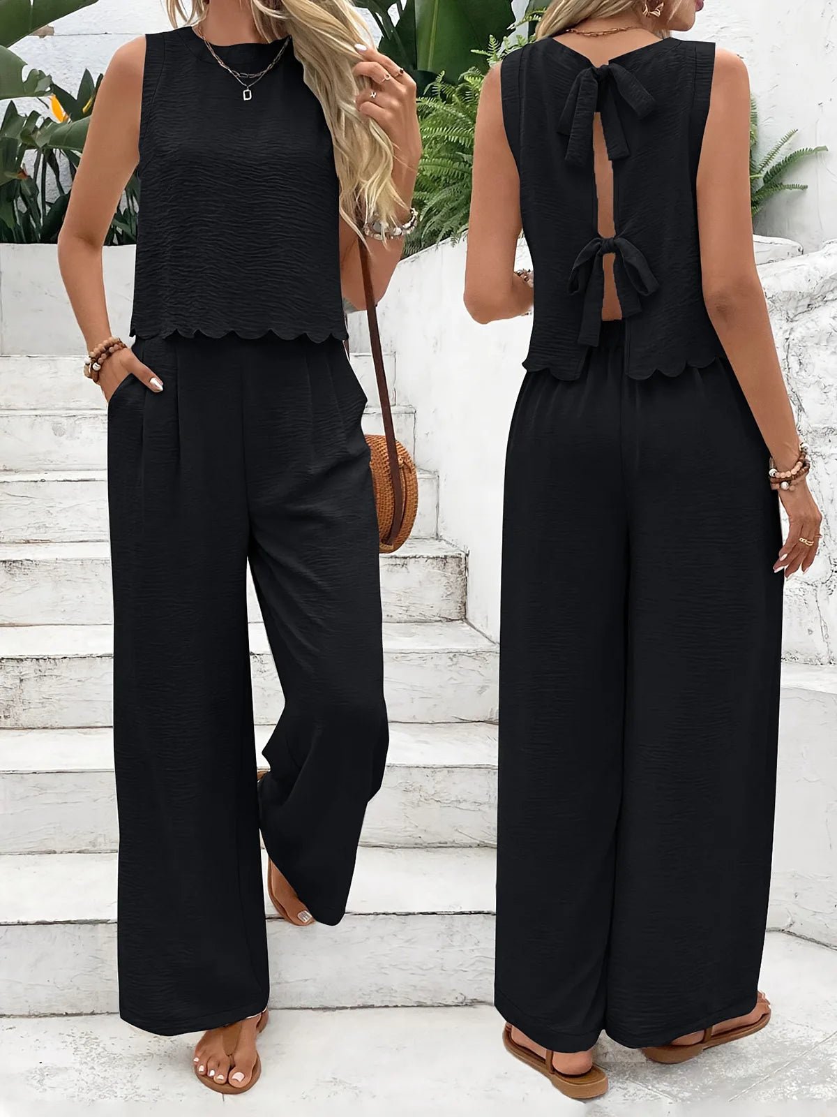 Zweiteiliges Set für Damen im Sommermuskel-Stil für den Alltag im alten Geldstil mit Leinenkrawatte, ärmelloses Oberteil und Hose mit Muschelbesatz - flohmarkt-deutschland.shop