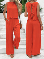 Zweiteiliges Set für Damen im Sommermuskel-Stil für den Alltag im alten Geldstil mit Leinenkrawatte, ärmelloses Oberteil und Hose mit Muschelbesatz - flohmarkt-deutschland.shop