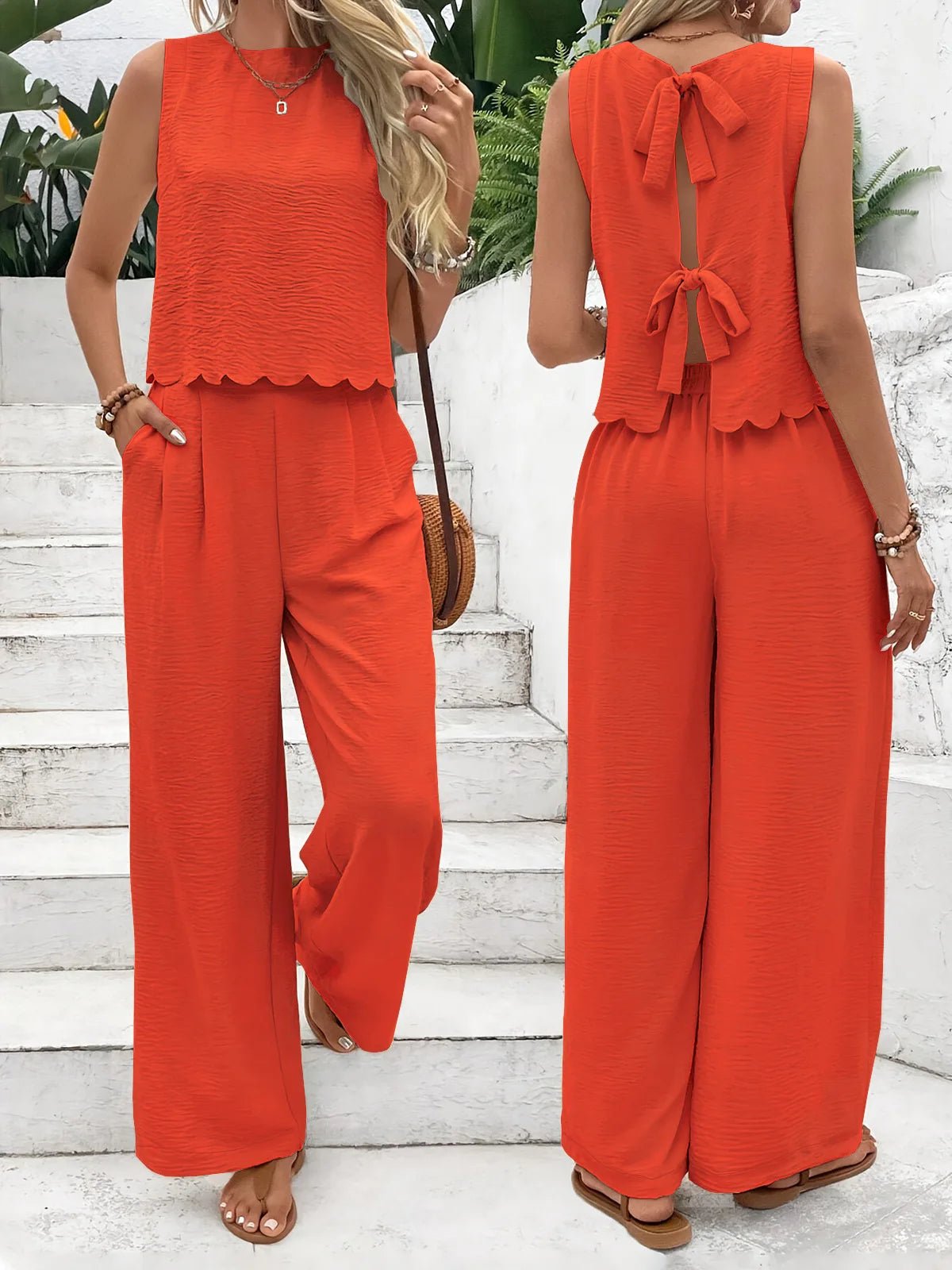 Zweiteiliges Set für Damen im Sommermuskel-Stil für den Alltag im alten Geldstil mit Leinenkrawatte, ärmelloses Oberteil und Hose mit Muschelbesatz - flohmarkt-deutschland.shop