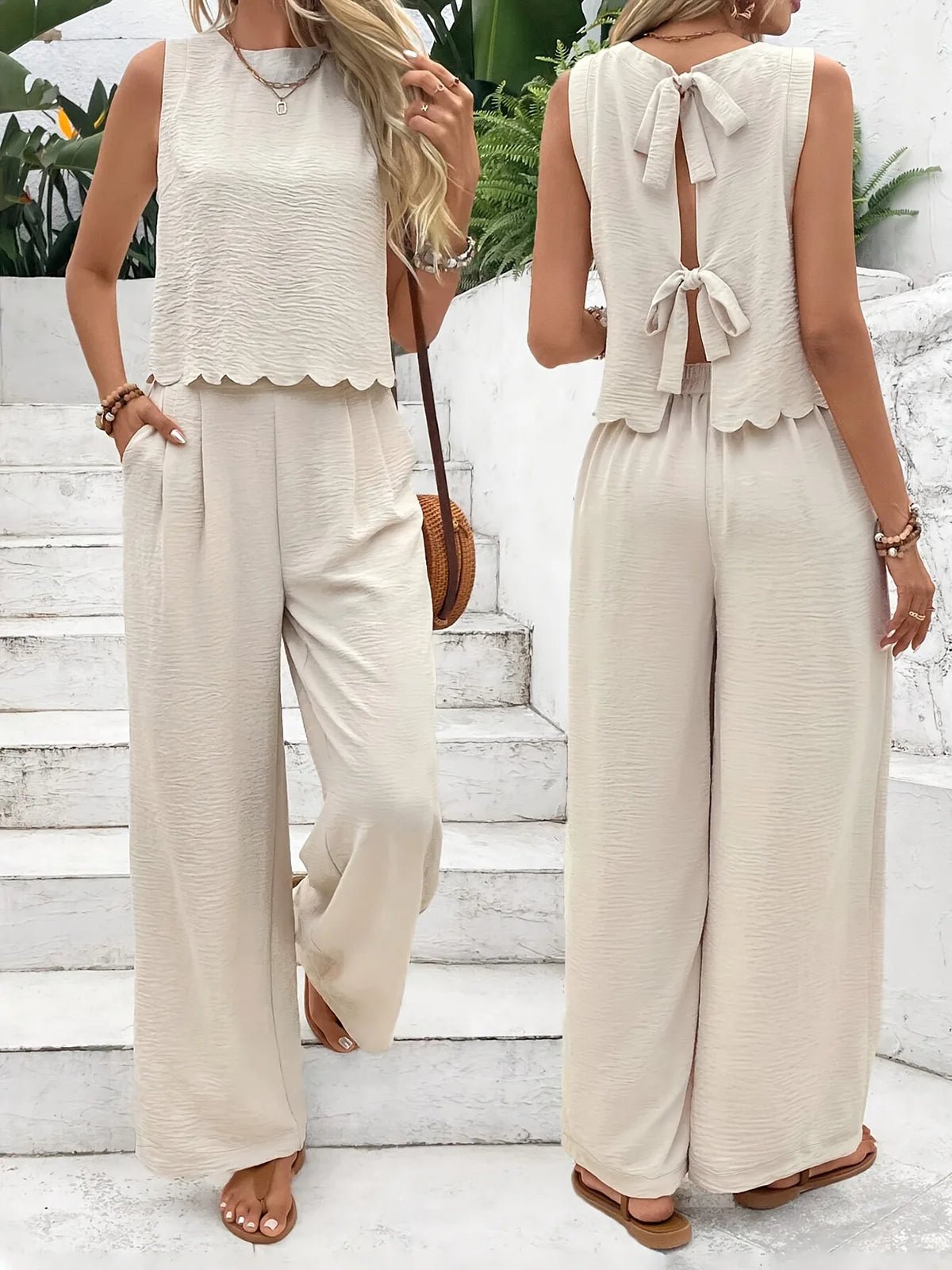Zweiteiliges Set für Damen im Sommermuskel-Stil für den Alltag im alten Geldstil mit Leinenkrawatte, ärmelloses Oberteil und Hose mit Muschelbesatz - flohmarkt-deutschland.shop