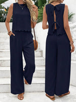 Zweiteiliges Set für Damen im Sommermuskel-Stil für den Alltag im alten Geldstil mit Leinenkrawatte, ärmelloses Oberteil und Hose mit Muschelbesatz - flohmarkt-deutschland.shop